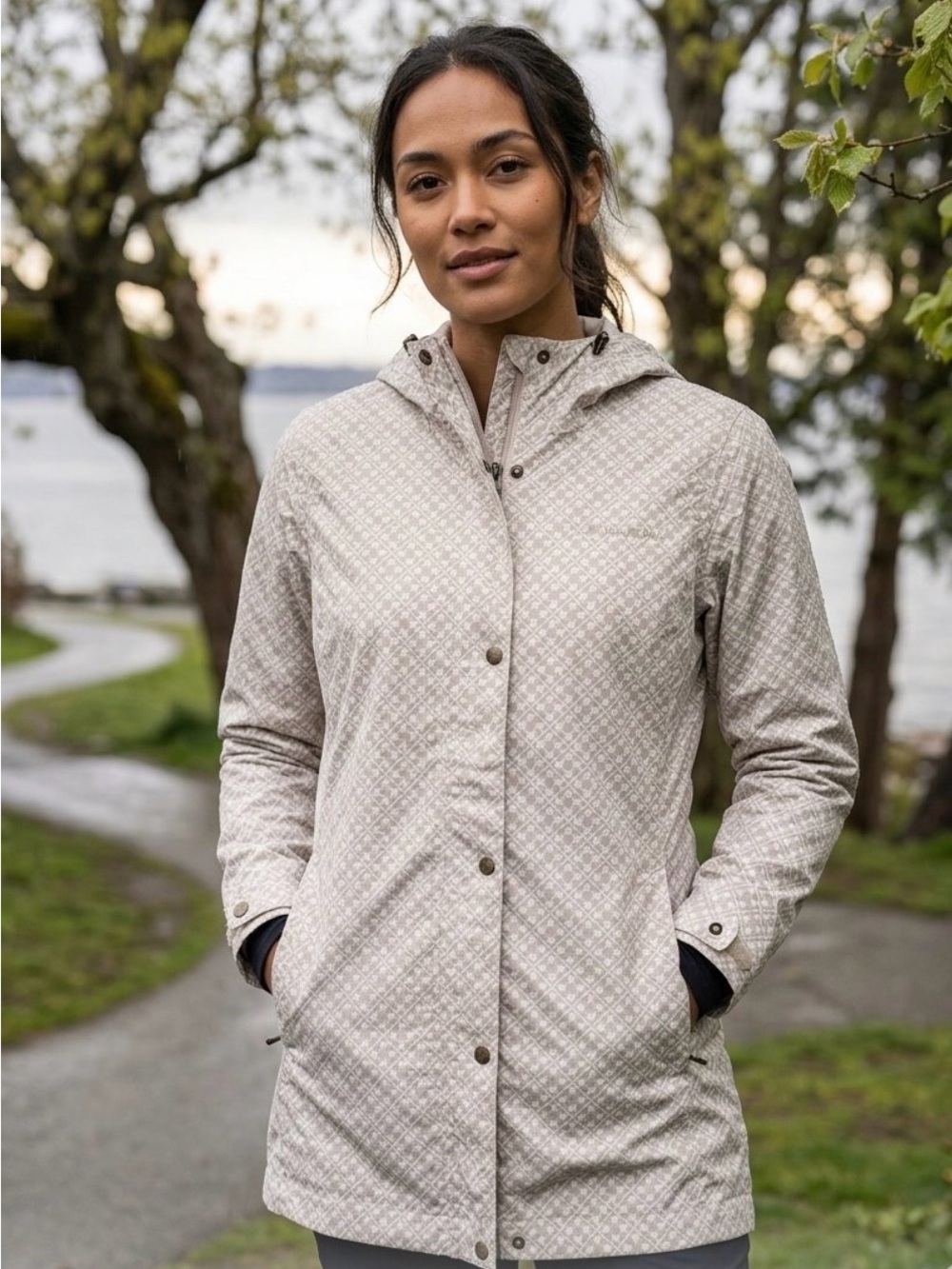Columbia Women's Cream Patterned Rain Jacket With Hood